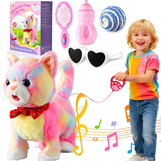 Colorful Leash Walking Cat Set Toy Interactive Talking Cat Singing Dancing Kitten Mimicking Repeat What You Say Kitty Touch and Voice Control Nodding Wagging Tail Plush Electric Robot for Kid Girl