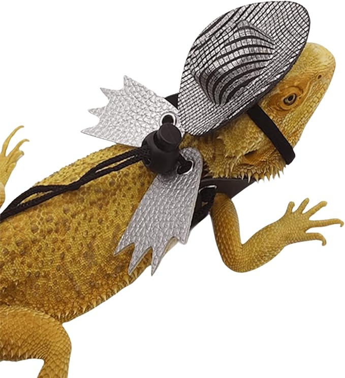 Adjustable Bearded Dragon Leash Harness with Hat Set,3 Size Pack Leather Wings Safty Walking Leash for Bearded Dragon Lizard Reptiles (Silver Hat and Silver Harness Set)