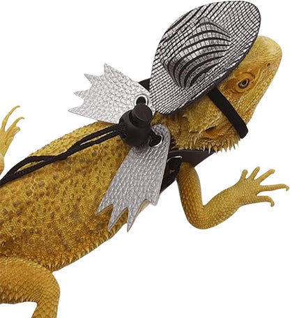 Adjustable Bearded Dragon Leash Harness with Hat Set,3 Size Pack Leather Wings Safty Walking Leash for Bearded Dragon Lizard Reptiles (Silver Hat and Silver Harness Set)