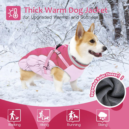 Dog Winter Coat with Harness, Dog Jacket, Pet Clothes with Zipper on Back, Waterproof Windproof Warm Vest, Reflective Cold Weather Coats, for Small Medium Large Dogs, Thick, Pink, 3XL