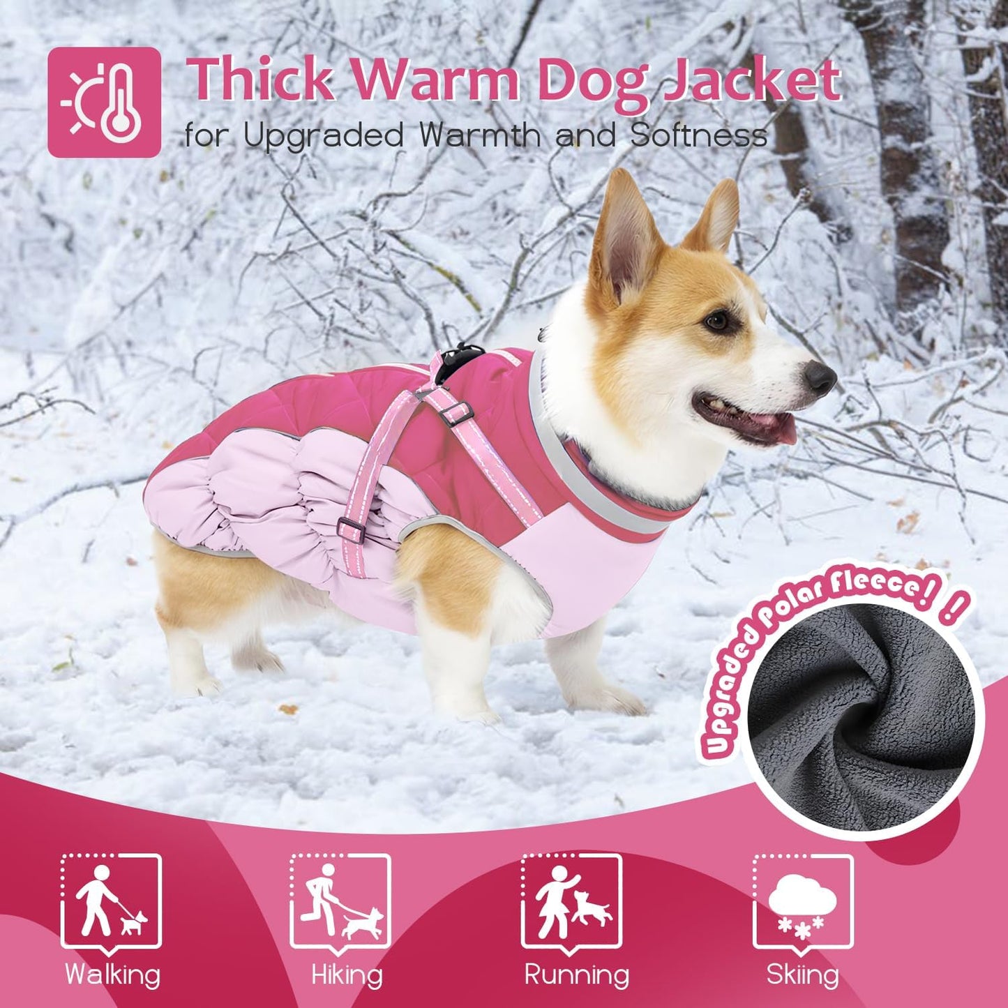 Dog Winter Coat with Harness, Dog Jacket, Pet Clothes with Zipper on Back, Waterproof Windproof Warm Vest, Reflective Cold Weather Coats, for Small Medium Large Dogs, Thick, Pink, L