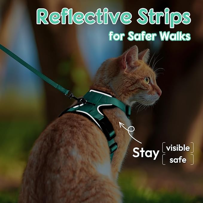 Dooradar Cat Harness and Leash Set, Escape Proof Safe Adjustable Kitten Vest Harnesses for Walking, Easy Control Soft Breathable Mesh Jacket with Reflective Strips for Cats, Green, M