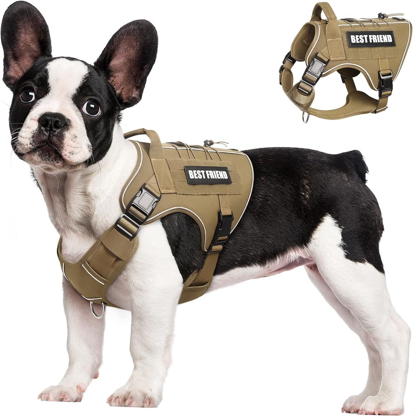 Tactical Dog Harness Small Sized Dog,No Pull Military Dog Vest with Handle,Reflective Heavy Duty Pet Harness for Walking Hiking Training Brown S