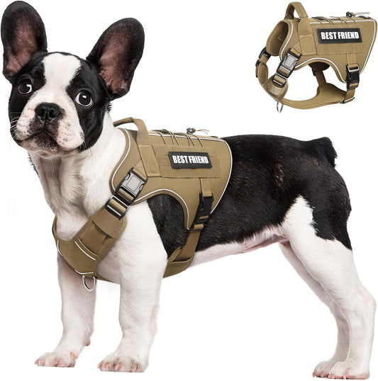 Tactical Dog Harness Small Sized Dog,No Pull Military Dog Vest with Handle,Reflective Heavy Duty Pet Harness for Walking Hiking Training Brown S