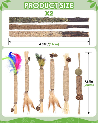 TINDTOP Cat Chew Toys, 12 Pack Silvervine Chew Sticks with 2 Pack Cage Balls for Kittens Teeth Cleaning, Matatabi Dental Care, Increase Appetite, Aggressive Chewers Cat Dental Toy