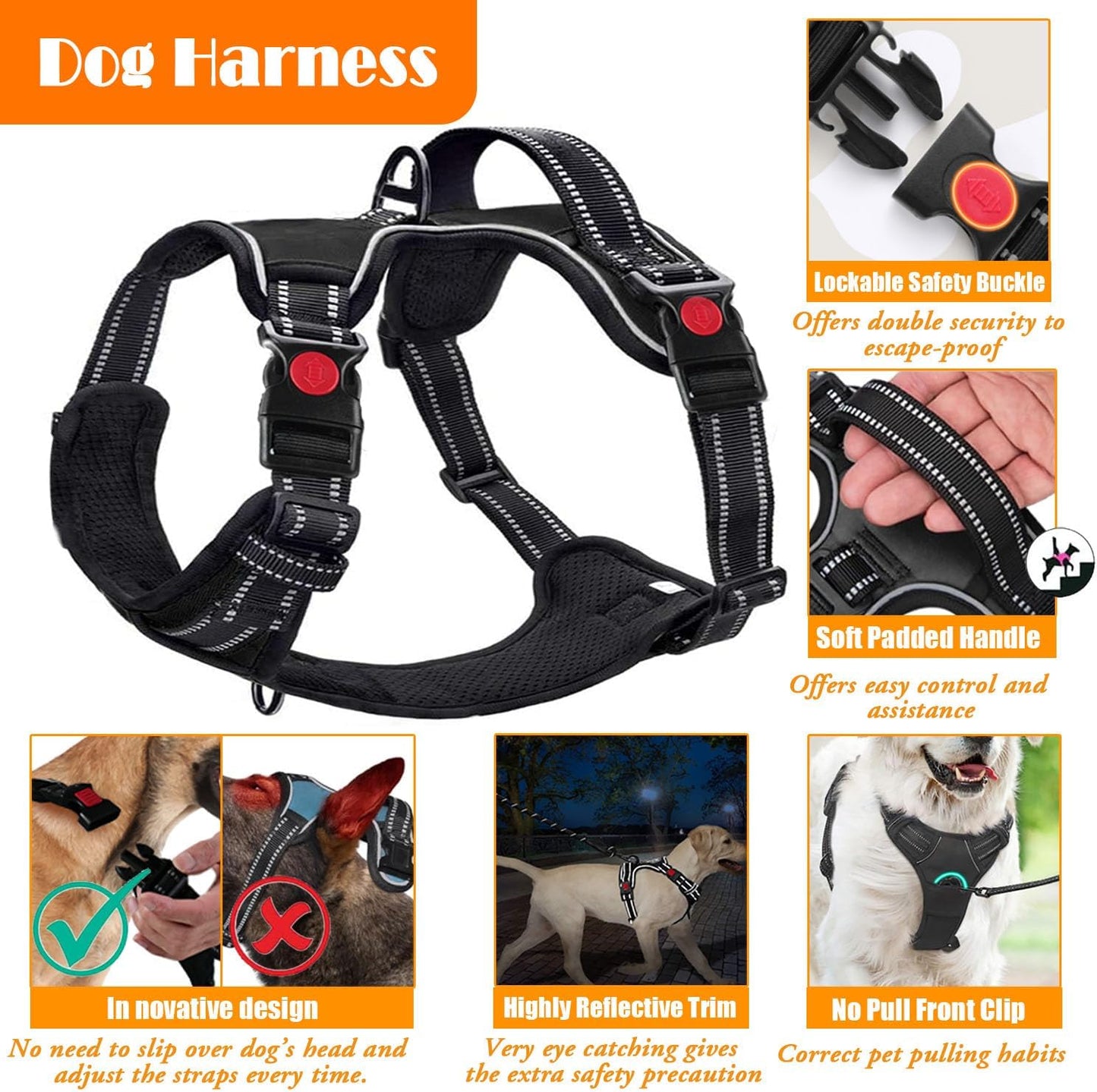No Pull Dog Harness, Collar & Leash Set | Includes Dog Seat Belt, Collapsible Bowls & Poop Bag Dispenser. Ideal for Training, Walking, Hiking. Fits Small to Large Dogs(Black-S)