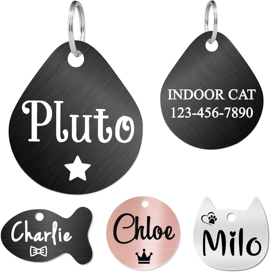 Ultra Joys Cat ID Tag Personalized Pet Tags, Durable Stainless Steel Small Pet Mini Dog Cat Tag Lightweight -Teardrop Tag in Black