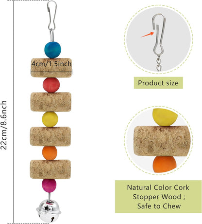 4Pcs Bird Chewing Toy, Parrot Cork Gnawing Skewers With Bell, Hanging Colorful Wooden Bead Cockatiels Beak Trimming for Birdcage (Four Packs-Bell Parrot Toy)
