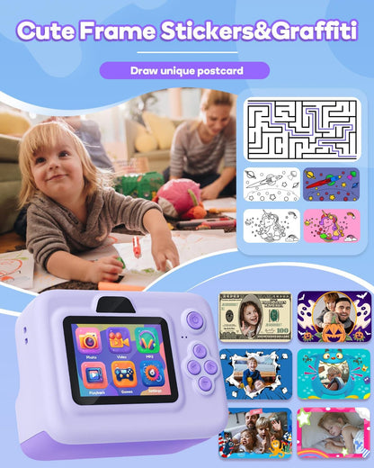 Instant Print Camera for Kids,2.4 Inch Screen Kids Instant Cameras, Christmas Birthday Gifts for Girls Age 3-12, Portable Toddler Toy for 3 4 5 6 7 8 9 10 Year Old Girls Boys Purple