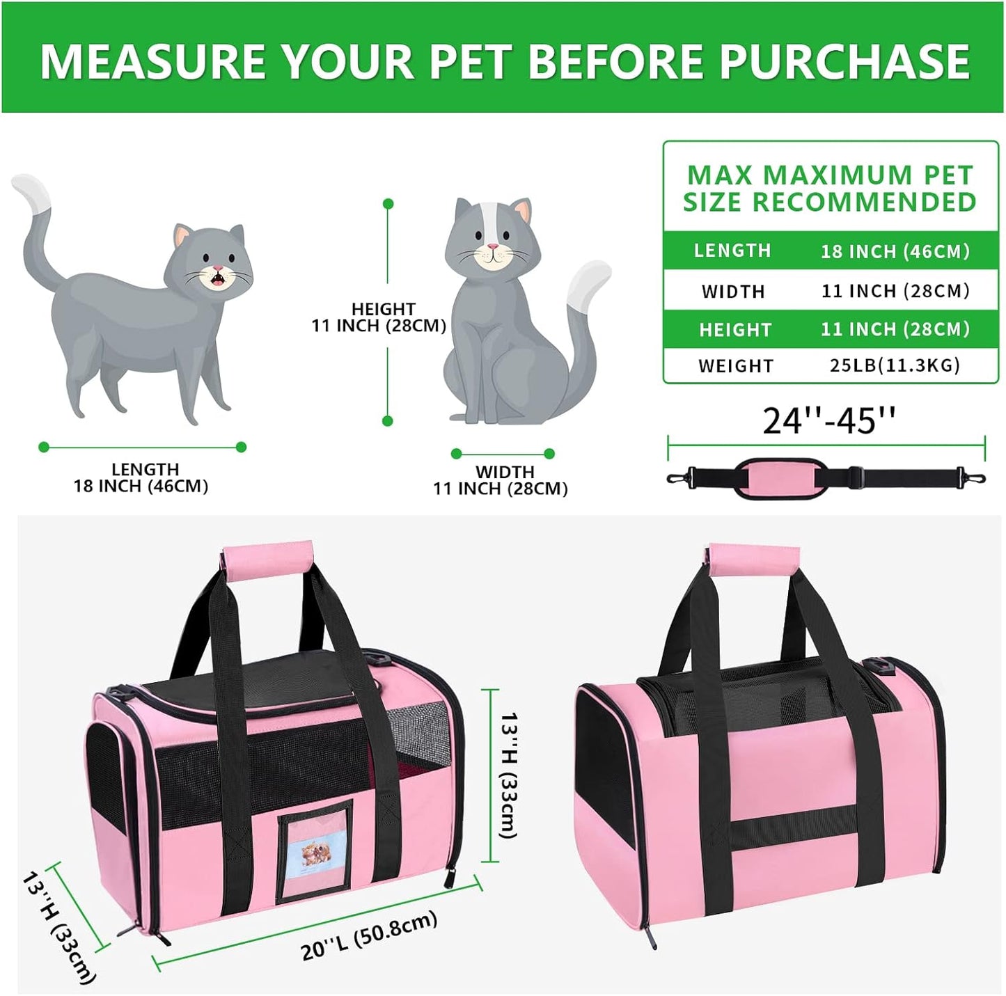 20" Large Cat Carrier Soft Sided for Cats Under 25 lbs, Folding Dog Carrier 20" Carrier for 2 Cats Travel Carrier - Pink
