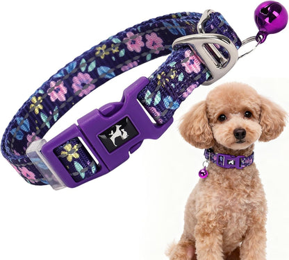 Floral Reflective Dog Collar with Bell -XSmall Puppy Collars for Puppia Pet Cat Girl Kitten Small Breeds, Cute Adjustable Nylon Collar for Yorkie Chihuahua Night Walks (S)