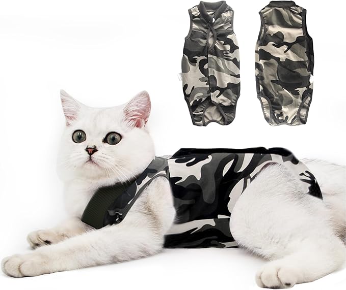 Cat Recovery Suit for Male and Female Surgical Post Surgery Soft Cone Onesie Shirt Clothes Neuter Licking Protective Diapers Outfit Cover Kitten Spay Collar(L, Camouflage)