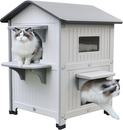 Rockever Plastic Insulated Outdoor Cat House with Escape Door, 2 Story Waterproof Cat House for Outdoor Cats for Feral Cats, Elevated Outside Cat Shelter, Clean and Assemble Easily