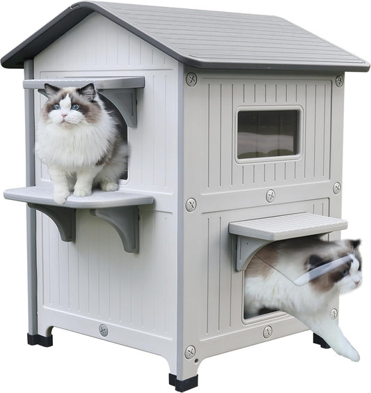 Rockever Plastic Insulated Outdoor Cat House with Escape Door, 2 Story Waterproof Cat House for Outdoor Cats for Feral Cats, Elevated Outside Cat Shelter, Clean and Assemble Easily