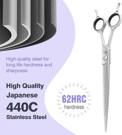 Professional Curved Thinning Scissors for Dog Grooming, 30-Degree Curvature, Japanese 440C for Trimming Dogs Cats and Other Pets face and paws (Pointy-tongued Blender)