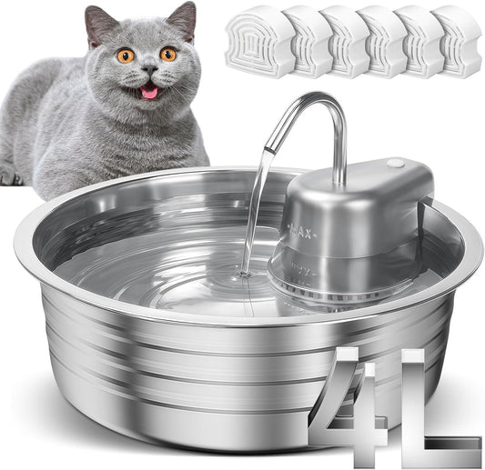 Cat Water Fountain, 4L/135OZ Stainless Steel Pet Fountain with 6 Filters Dog Water Dispenser, Dog Water Bowl Cat Drinking Fountains Watering Supplies with Ultra-Quiet Pump for Pets Indoor