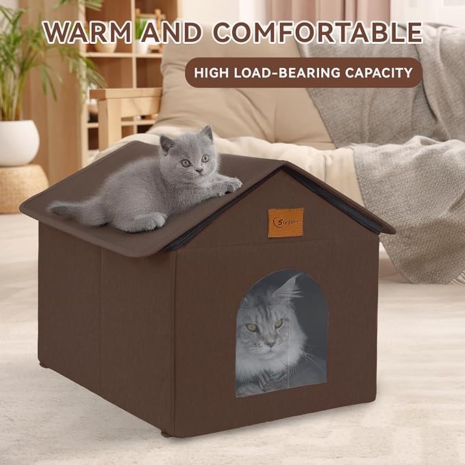 Outdoor Cat House for Shelter Feral Cat, Outside Waterproof Cat House for Outdoor/Indoor Cats, Insulated Cat Bed for All Seasons with Cozy Cushion (Brown, Large Zip Style)