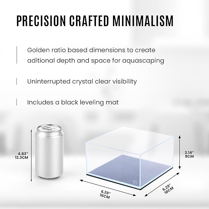 UNS Ultra Clear Rimless Tank - 0.5GAL | 2L - 6.29x6.29x3.14 | 16x16x8 CM, 5mm Glass Thickness, Leveling Mat Included - Low Iron, High Clarity Fish Tank w/ 45° Mitered Edge - [16S]