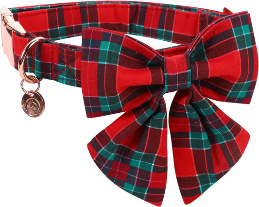 DOGWONG Christmas Dog Collar with Sailor Bow tie, Red Plaid Dog Collar Soft Durable Adjustable Cotton Red Green Tartan Puppy Collar for Small Medium Large Dog
