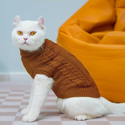 PUPTECK Winter Cat Sweater Coat - Soft Warm Cold Weather Clothes Knitwear for Kittens & Small Dogs Indoor Outdoor Wearing, Knitted Classic for Doggies Kitties Girls Boys, Brown, M