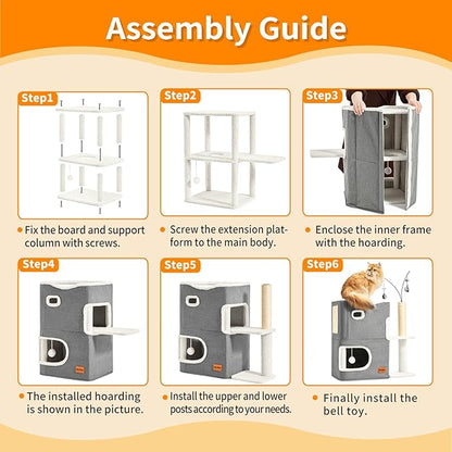 Cat Bed Cave for Indoor Cats with Scratch Pad Cat House Condo Adults with Fluffy Ball Cats Hideaway Large 2-Storey Cube Beds for Pets Grey