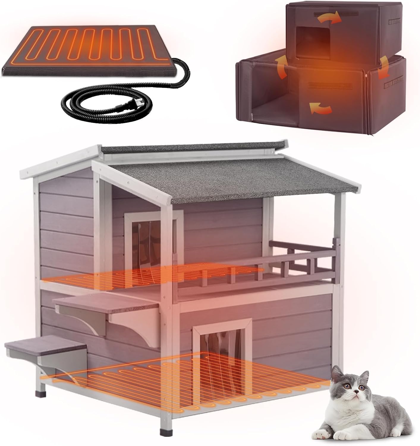 GUTINNEEN 2 Story Heated Cat House for Outside Outdoor Cat House Insulated Weatherproof Feral Cat Shelter with Heated Pad, Insulated All-Round Thermal Liner, Chewproof Cable for 1-4 Cats in Winter