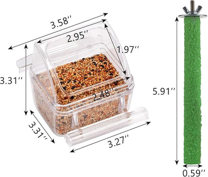 IBWell 2 Pack Clear Water Bowl and Food Container - Bird Cage Feeder With Perch for Parakeets - No Mess Design