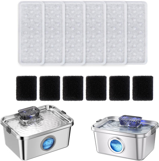 Accessories Set (Replacement Filter & Water Pump Sponge) for Pet Water Fountain- 6 pcs Packed Filters and 6 pcs Packed Sponges, Fits PETIMI 2 Gallons and 3 Gallons Pet Fountain Series