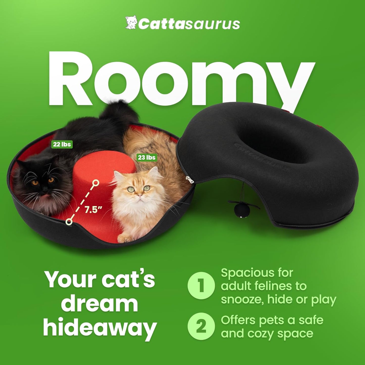 Cattasaurus Unique Gothic Peekaboo Cat Cave for Multiple & Large Cats Up to 30-45 Lbs, Scratch Detachable & Washable Tunnel Bed, Comfy Donut Cat Cave (Gothic Bat, Large)