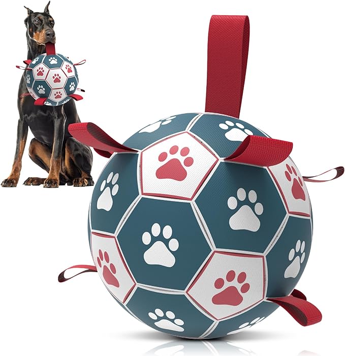 QDAN Dog Toys Soccer Ball with Straps, Durable Giant Dog Balls, Outdoor Dogs Toys, Herding Ball, Birthday Gifts (10 Inch)