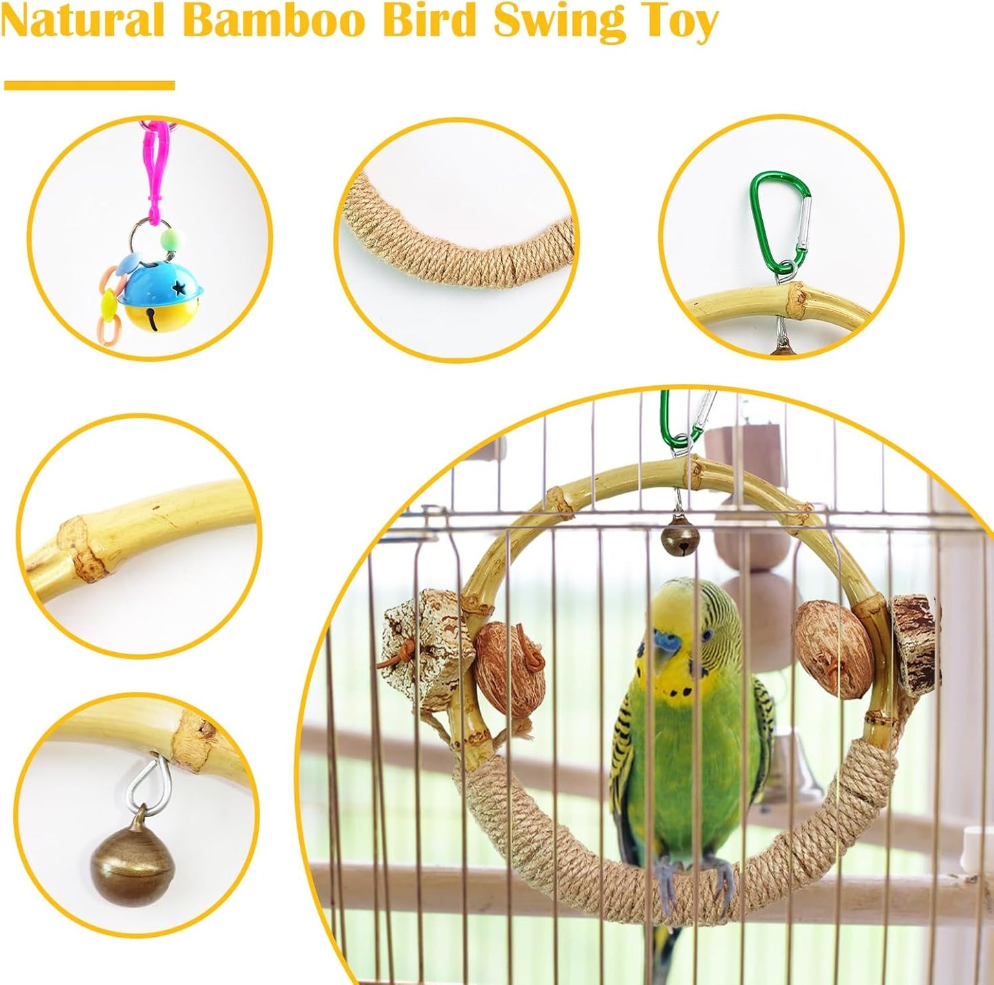 Circle Bird Swing with Bell,Bamboo Parakeet Rope Perches for Cage Ring Bird Swings Chewings Nuts Toys for Parrots Cockatiels Lovebirds Budgie