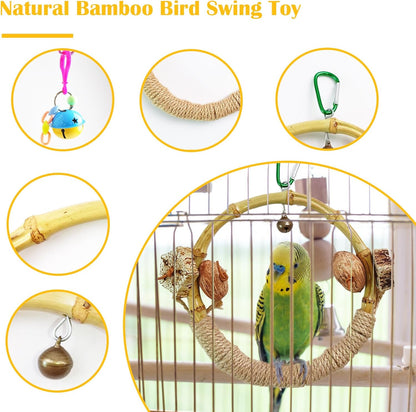 Circle Bird Swing with Bell,Bamboo Parakeet Rope Perches for Cage Ring Bird Swings Chewings Nuts Toys for Parrots Cockatiels Lovebirds Budgie