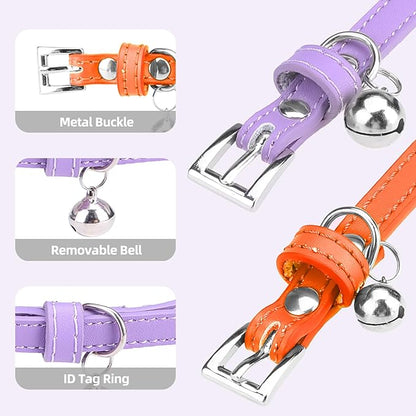 PUPTECK 2 PCS Soft Genuine Leather Cat Kitten Collar with Bells Adjustable for Girl Boy Cats Puppy - Orange, Purple