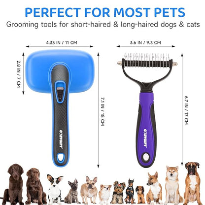 Dog Brush Kit – 3 PCS Grooming Set with Self-Cleaning Brush, Undercoat Rake & Pet Bath Brush. Great for Shedding, Tangles & Dirt Removal – Ideal for Long & Short Haired Dogs & Cats, Blue