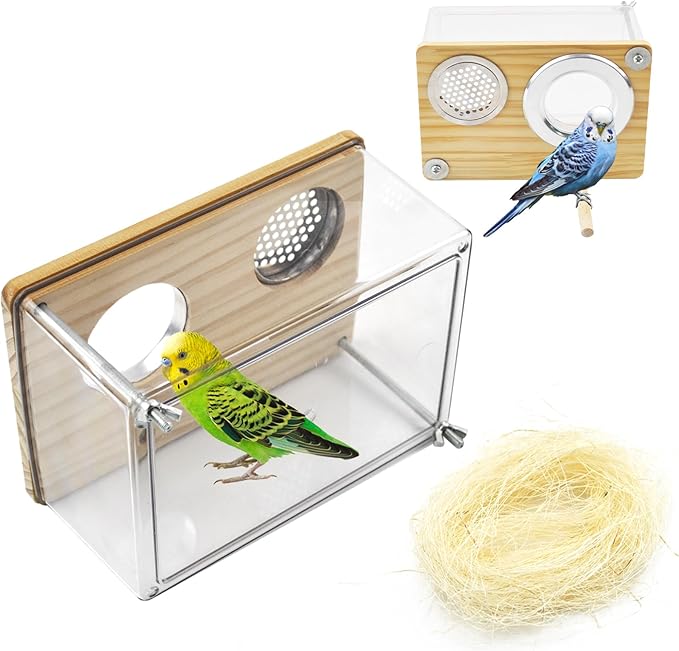 Bird Nesting Box for Window,Transparent Parakeet Nest Breeding Box Parrot Breeding Mating Box Bird Nest Box House Cage Accessories with Wood Perch for Parakeet Budgie Conure Parrot