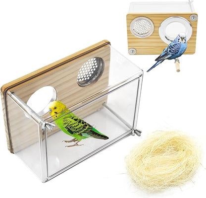 Bird Nesting Box for Window,Transparent Parakeet Nest Breeding Box Parrot Breeding Mating Box Bird Nest Box House Cage Accessories with Wood Perch for Parakeet Budgie Conure Parrot