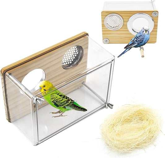 Bird Nesting Box for Window,Transparent Parakeet Nest Breeding Box Parrot Breeding Mating Box Bird Nest Box House Cage Accessories with Wood Perch for Parakeet Budgie Conure Parrot