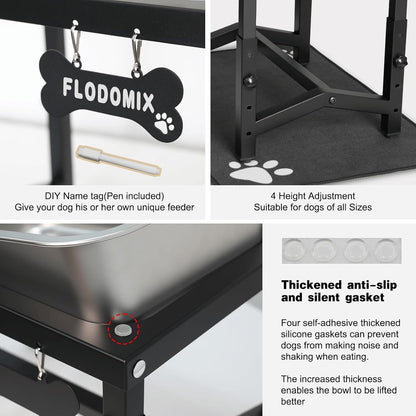 2.8 Gallon Elevated Large Dog Water Bowl, 4 Adjustable Height 10.5-15.8'' Raised Stainless Steel Bowl Stand with Anti-Slip Mat for Large Breed, Metal Dog Feeding Station for Relief Joint Pressure