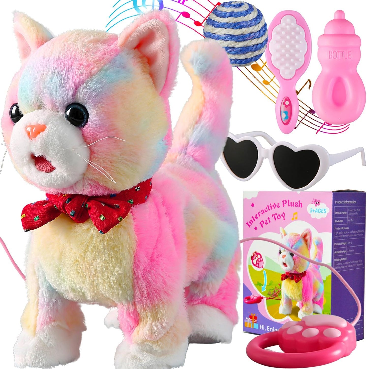 Colorful Leash Walking Cat Set Interactive Talking Cat Singing Dancing Kitten Mimicking Repeat What You Say Kitty Touch and Voice Control Nodding Wagging Tail Plush Electric Kitty for Kid Gril