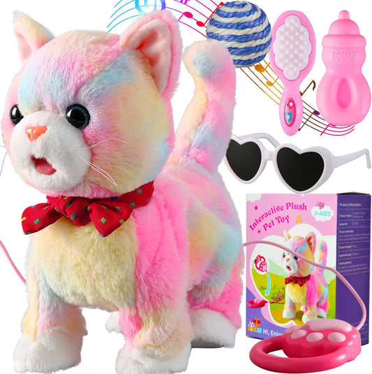 Colorful Leash Walking Cat Set Interactive Talking Cat Singing Dancing Kitten Mimicking Repeat What You Say Kitty Touch and Voice Control Nodding Wagging Tail Plush Electric Kitty for Kid Gril