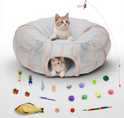 Mesh Cat Tunnel Bed with 20 Cat Toys, Collapsible Play Tunnel for Indoor Cats,Visible Cat Tube for Kitten Puppy