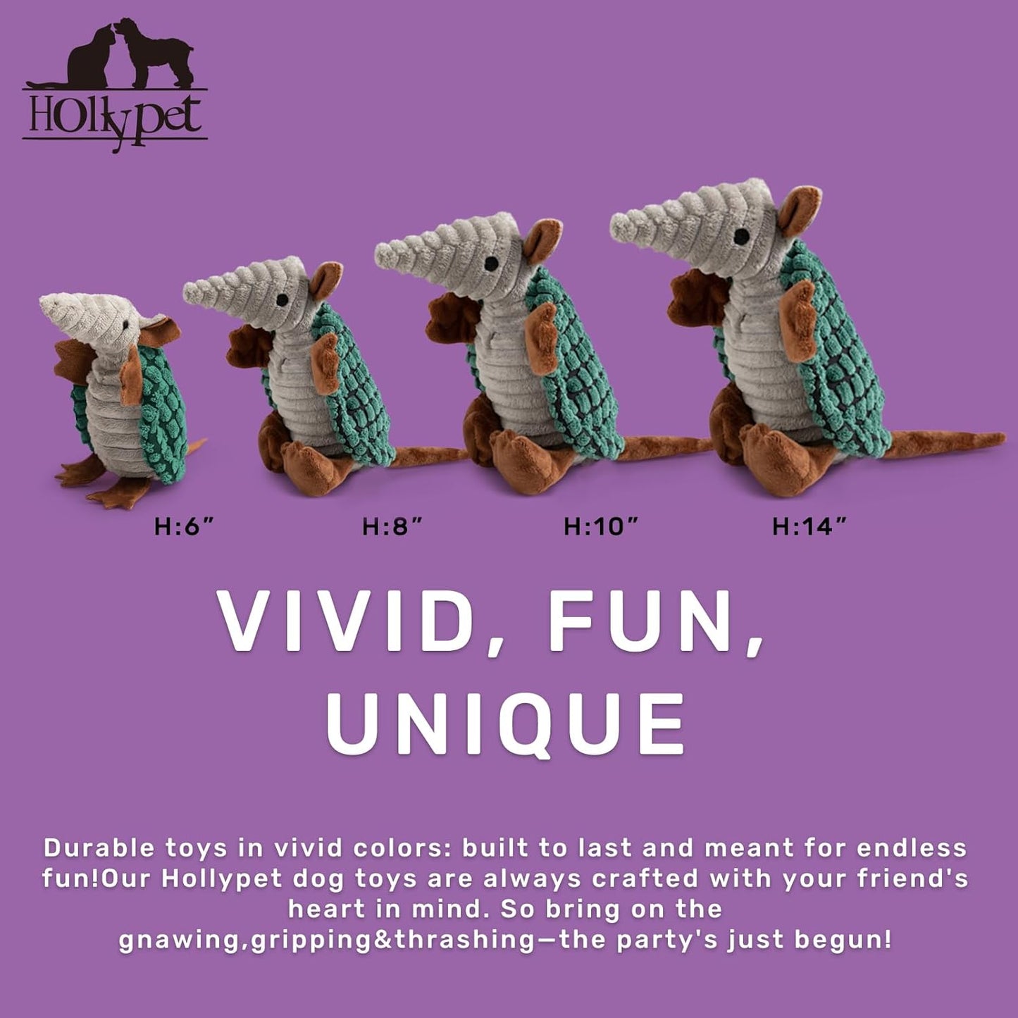 Hollypet Plush Dog Squeaky Toy Stuffed Armadillo Animal Pet Puppy Chew Toys with Clean Teeth for Small Medium Large All Breed Sizes Dogs, Deep Green,8 in