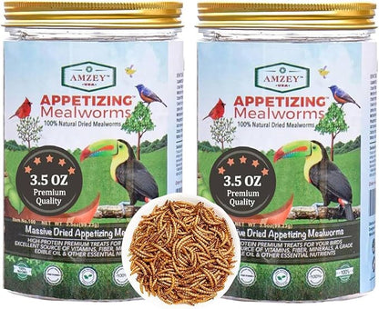 Amzey Dried Mealworms - 2 Pack 3.5OZ (7OZ Total) - High Protein Non GMO Mealworms - Great for Bearded Dragon, Birds, Fish, Lizard, Ducks, Chickens, Hamsters, Hedgehogs,Turtle Food, Reptile Food