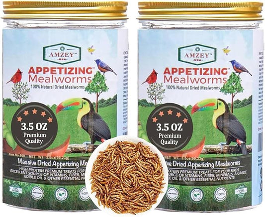 Amzey Dried Mealworms - 2 Pack 3.5OZ (7OZ Total) - High Protein Non GMO Mealworms - Great for Bearded Dragon, Birds, Fish, Lizard, Ducks, Chickens, Hamsters, Hedgehogs,Turtle Food, Reptile Food