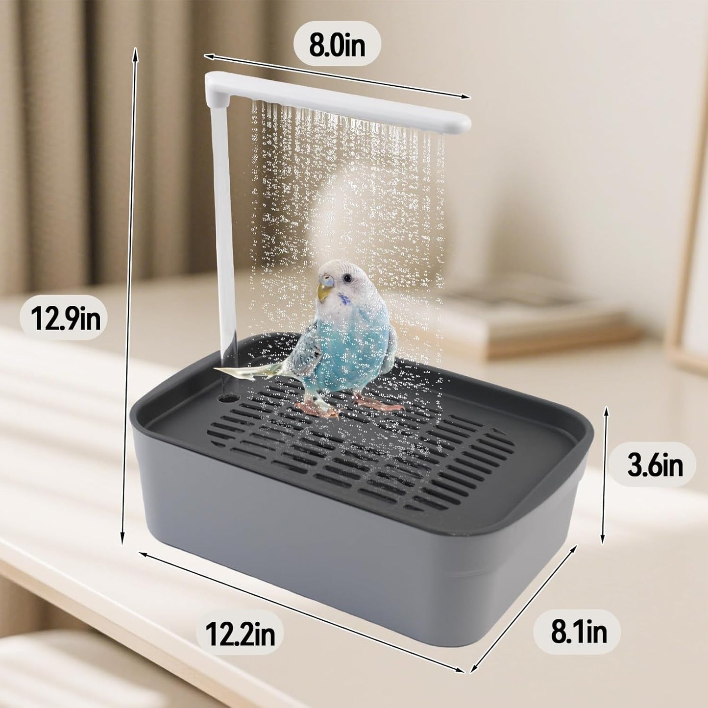 PINVNBY Automatic Bird Bath Shower for Cage,Parrot Bath Box with Pump,Parakeet Bathtub Electric Fountain Circulating Water Contains USB Power Plug for Cockatiel Lovebird Conure Budgie(Gray)