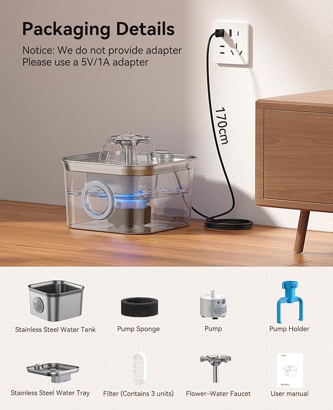 Stainless Steel Cat Water Fountain for Drinking with 3 Filters, 2.8L Auto Pet Drinking Fountain for Cats with 20dB Ultra-Quiet Pump, 24/7 Circulation Filtration LED Water Level Window Dishwasher Safe