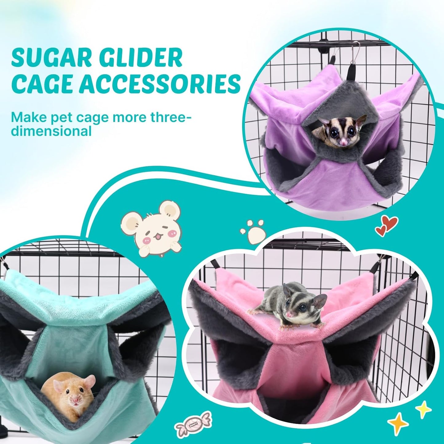 LYART Sugar Glider Pouch Hammock Bed Bedding, Sugar Glider Cage Accessories Toys for Rat, 3-Layer Hammock Make Pet Cages More Three-Dimensional (5.Purple)