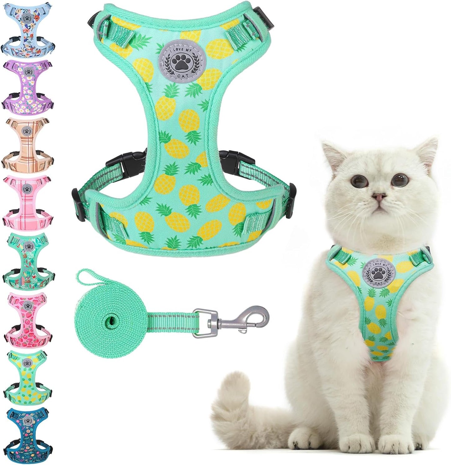 BEAUTYZOO Cat Harness and Leash Set Escape Proof, Small Cat Vest Harness for Walking, Adjustable Step in Kitten Harnesses for Travel, Soft Lightweight Outdoor Cute Kitten Harnesses, Pineapple S