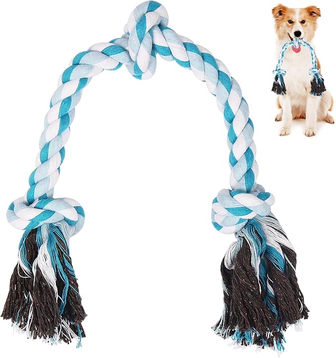 SZEE Dog Rope Toys, 24 in 3 Knots Chew Rope for Medium and Large Dogs, Natural Cotton Pet Pull Toy for Tug of War and Teeth Cleaning (Blue)