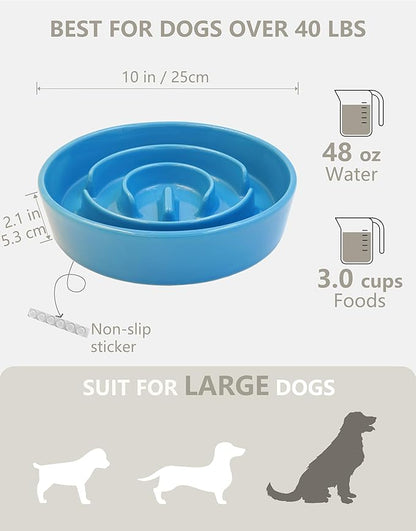 Ceramic Slow Feeder Bowls for Large Dogs, 3.0 Cups Slow Feeder for Fast Eaters, 48oz, 10in, Blue